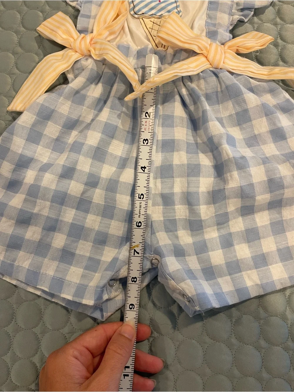 Marie Nicole Gingham Girls' Romper Blue Yellow Cotton Ice Cream Appliqué 2XS